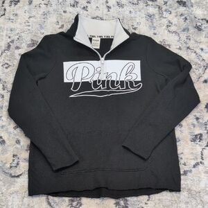 Victoria’s Secret PINK 1/4 Zip Pullover Black White Logo Sweatshirt Women’s S